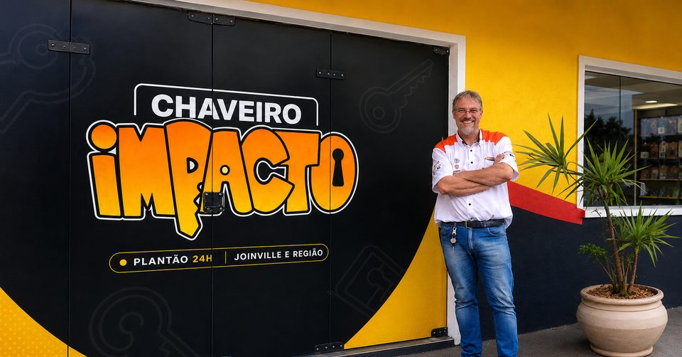 Célio, chaveiro do Chaveiro Impacto, na loja em Joinville com atendimento 24 horas