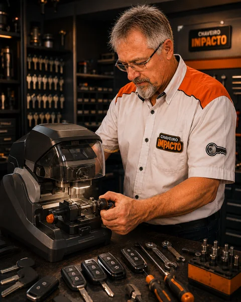 Célio, técnico da Chaveiro Impacto, trabalhando com equipamentos de chaveiro